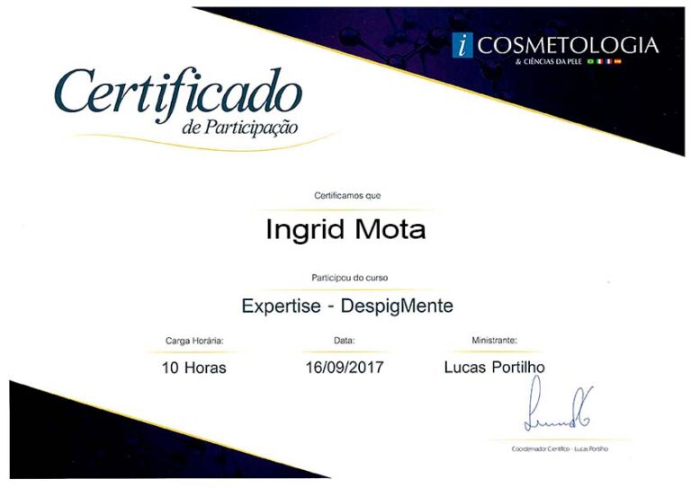 Ingrid Mota - Certificado I-cosmetologia - Despigmenta