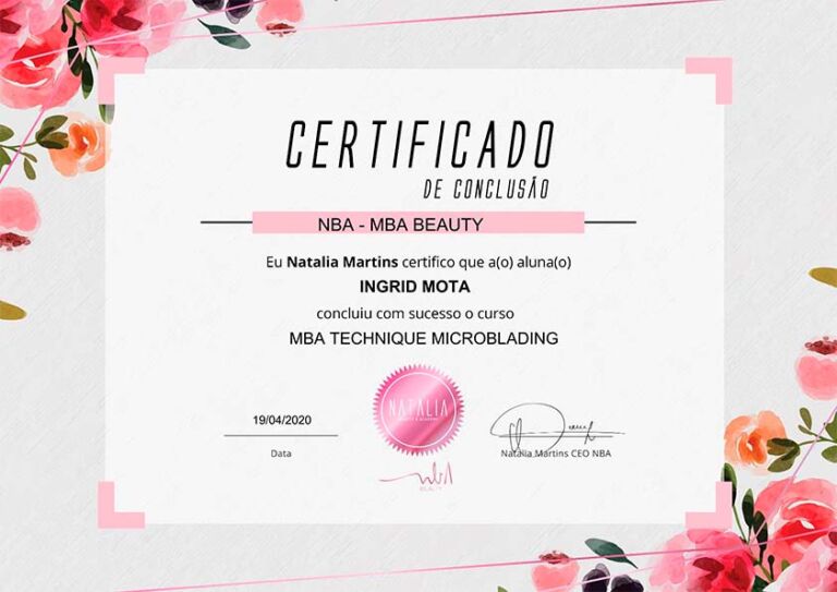 Ingrid Mota Certificado Natalia Beauty para Ingrid Mota