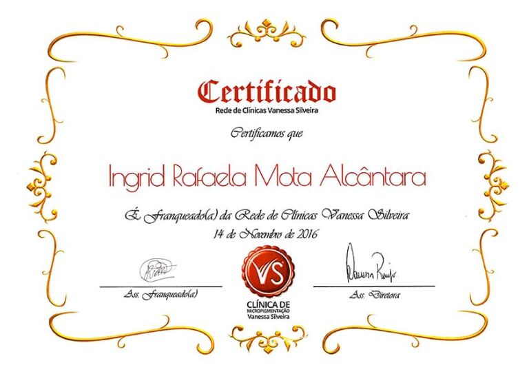 Ingrid Mota Certificado de Franquada Vanessa Silveira para Ingrid Mota