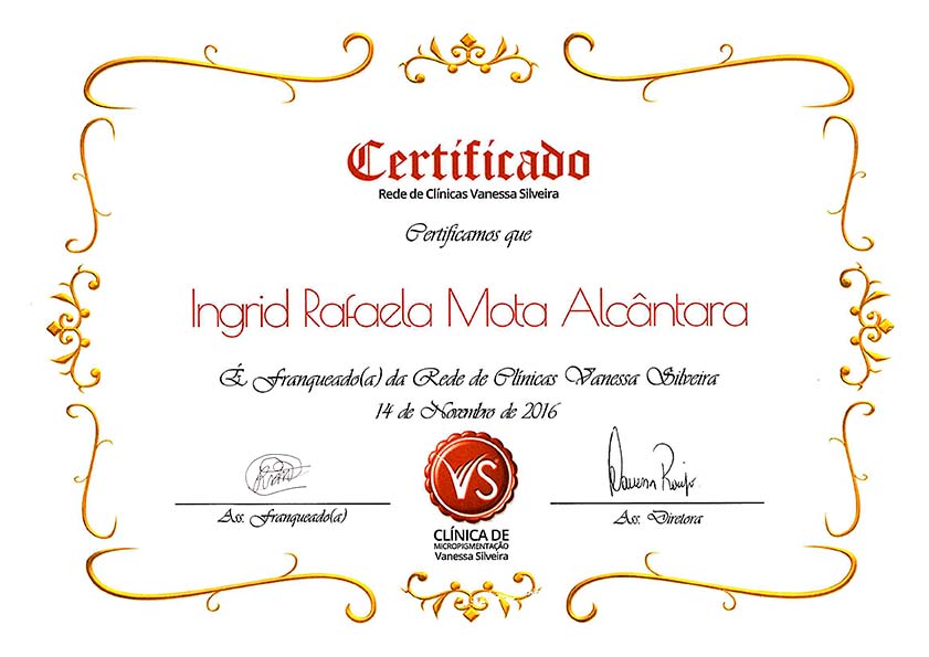 Ingrid Mota Certificado de Franquada Vanessa Silveira para Ingrid Mota